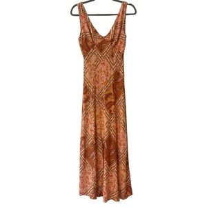 Paper Heart V Neck Floral Paisley Patchwork Maxi Dress in Rust Orange Size XS